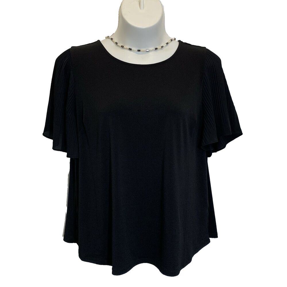 Adrianna Papell Blouse Womens 2X Black Pleated Knit Flutter Short Sleeve